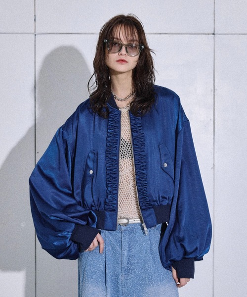 デニムフリルボンバージャケット ブルゾン アウター Satin frill short bomber jacket / サテン