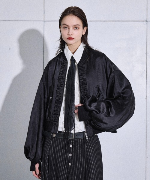 ブルゾン アウター Satin frill short bomber jacket / サテン