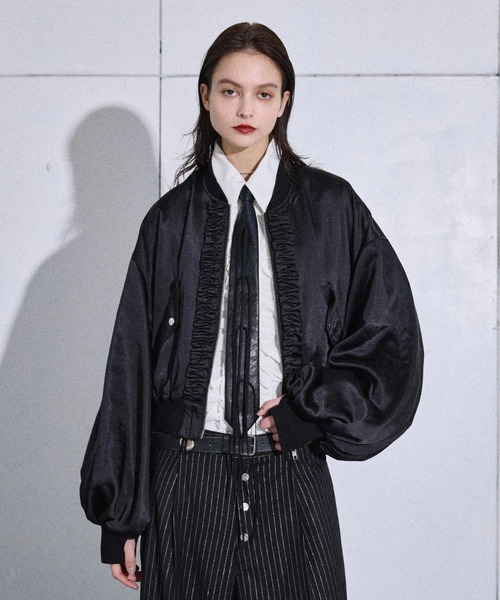 ブルゾン アウター Satin frill short bomber jacket / サテン