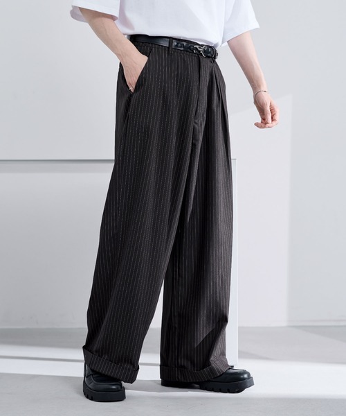 ASTRONOMY ワイドパンツ スラックス ストライプロールアップバギー