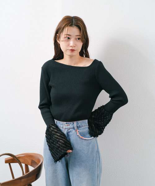 袖フェザー カットソー Kastane tシャツ 袖フェザーリブカットソー レディース