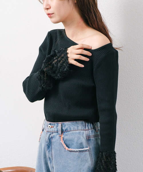 袖フェザー カットソー Kastane tシャツ 袖フェザーリブカットソー レディース