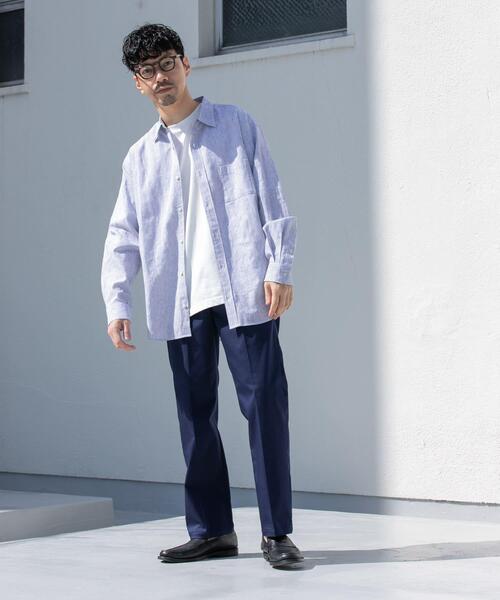 NOWOS 刺繍入りリネン長袖シャツ LAOTOUR 麻100％ フレンチリネン プルオーバー長袖シャツ コリアシャツ