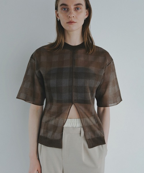 MANOF（マノフ） tシャツ SHEER CHECK KNIT TOPS レディース 