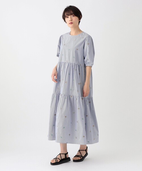 【新品】アフタヌーンティー　メゾンサジュー　ティアードワンピース　刺繍ストライプ Afternoon Tea ワンピース ストライプ刺繍ティアードワンピース