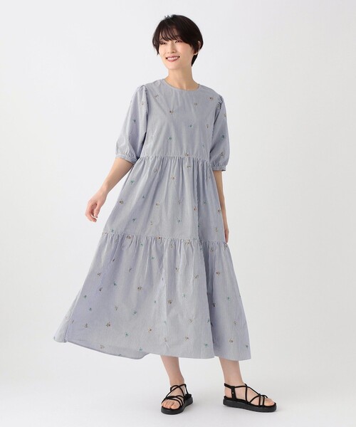 【新品】アフタヌーンティー　メゾンサジュー　ティアードワンピース　刺繍ストライプ Afternoon Tea ワンピース ストライプ刺繍ティアードワンピース