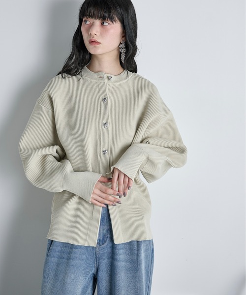 THE Yon カーディガン ハート釦リブニットカーディガン レディース