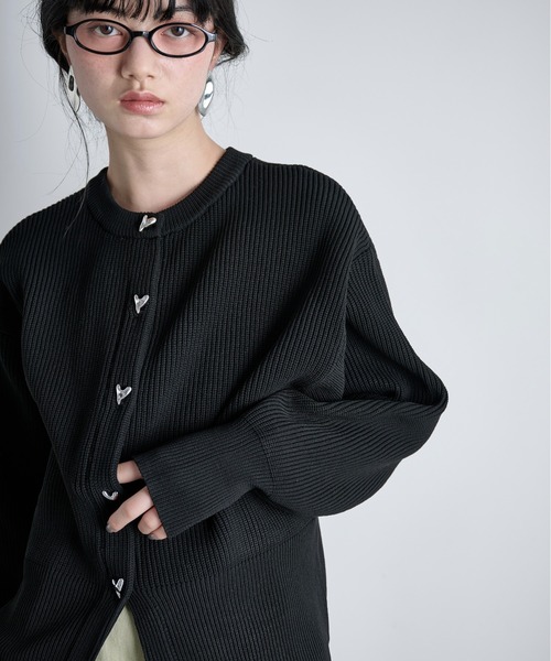 THE Yon カーディガン ハート釦リブニットカーディガン レディース