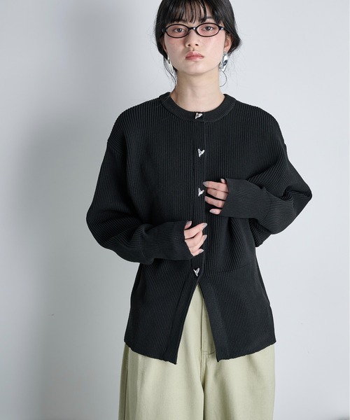 THE Yon カーディガン ハート釦リブニットカーディガン レディース