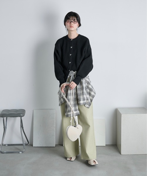 THE Yon カーディガン ハート釦リブニットカーディガン レディース