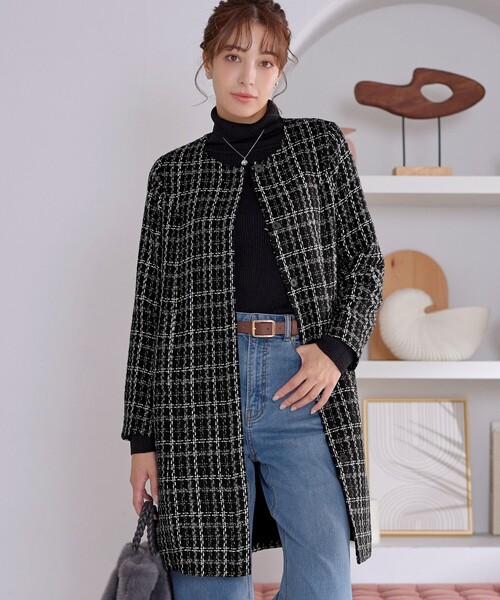 Tiaclasse ノーカラーコート コート ツイードコート レディース