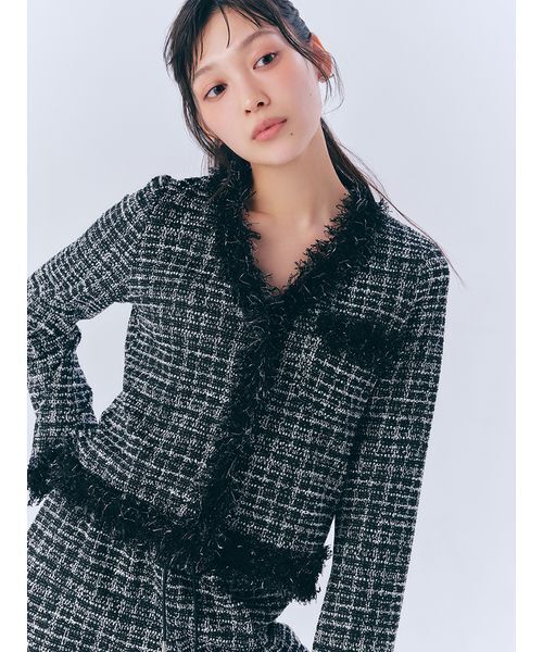 LILY BROWN ツイードクロップドジャケット　ブラック LILY BROWN（リリーブラウン） ツイードジャケット F ベージュ
