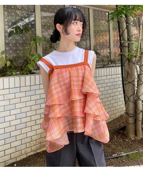 ブラウス シャツ プレイドプリントキャミトップ / Plaid Print Tiered Cami Top レディースの画像