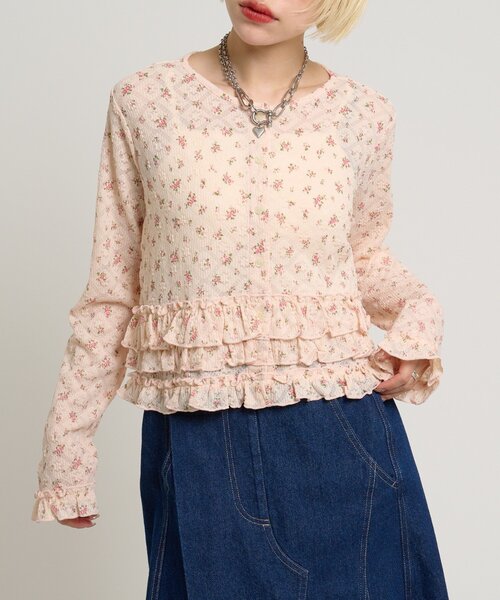 w closet（ダブルクローゼット） tシャツ 裾フリル花柄カーディガン
