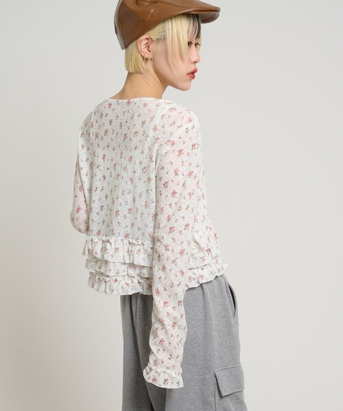 w closet（ダブルクローゼット） tシャツ 裾フリル花柄カーディガン