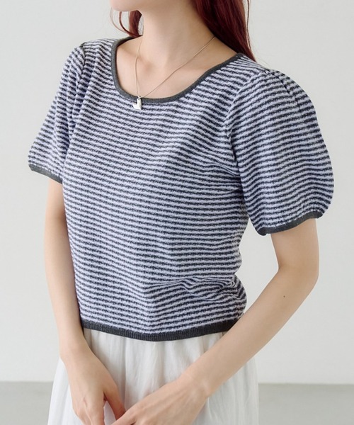 Kastane（カスタネ） tシャツ 半袖 ボーダーパフ半袖ニット レディース