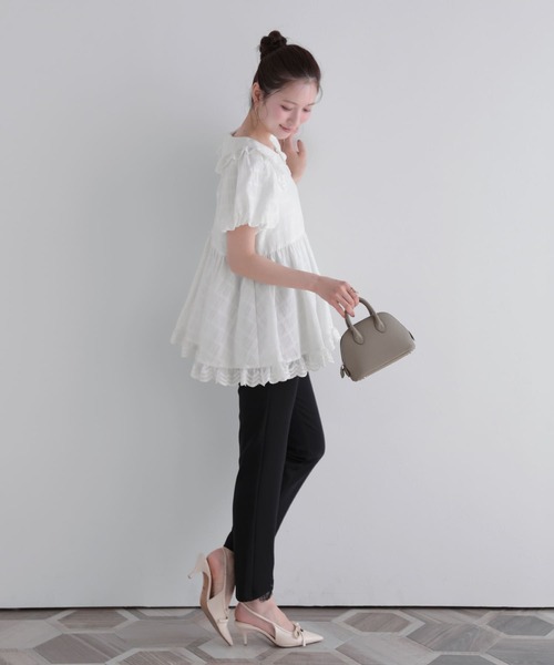 Heve ヘイブ　PEONYぺプラムブラウス　ホワイト Fit more（フィットモア） ブラウス シャツ 夏 半袖 スカラップレース