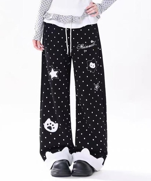 AsheKsha パンツ 水玉星プリントワイドレジャーパンツ レディース
