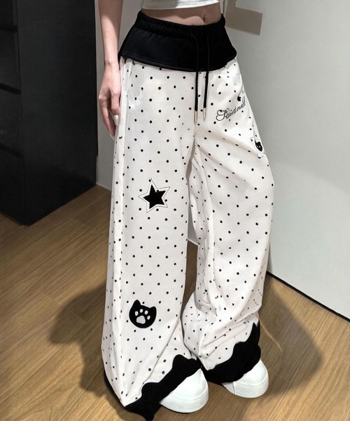 AsheKsha パンツ 水玉星プリントワイドレジャーパンツ レディース