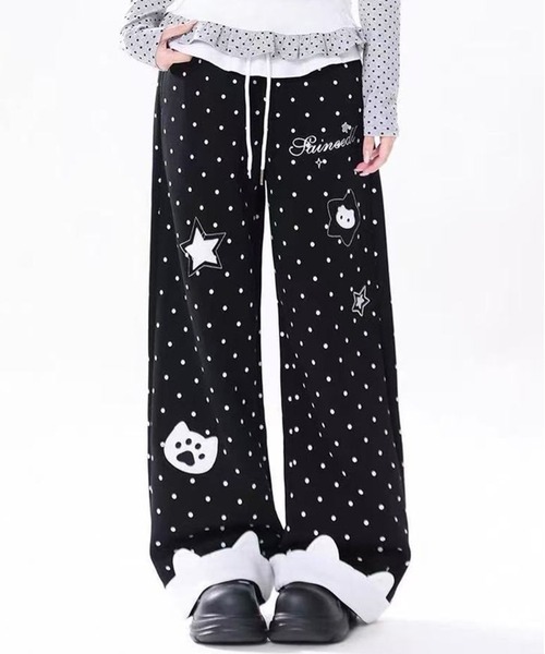 AsheKsha パンツ 水玉星プリントワイドレジャーパンツ レディース