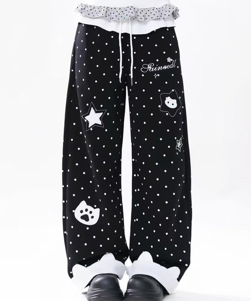 星柄のパンツ AsheKsha パンツ 水玉星プリントワイドレジャーパンツ レディース