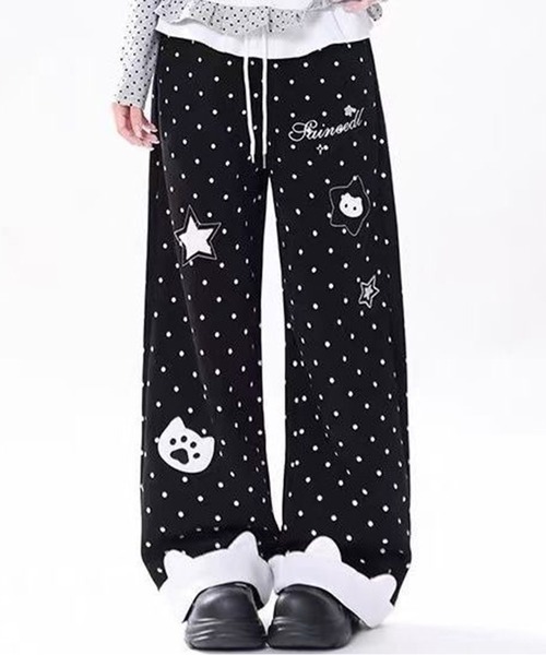 AsheKsha パンツ 水玉星プリントワイドレジャーパンツ レディース