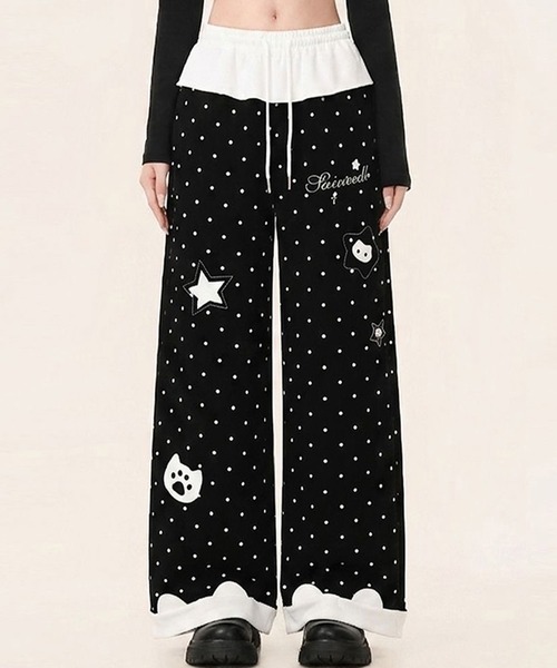 AsheKsha パンツ 水玉星プリントワイドレジャーパンツ レディース