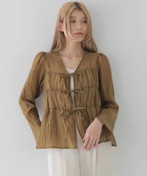 ブラウス シャツ 「CLEIO」リボンギャザーシアーブラウス レディース