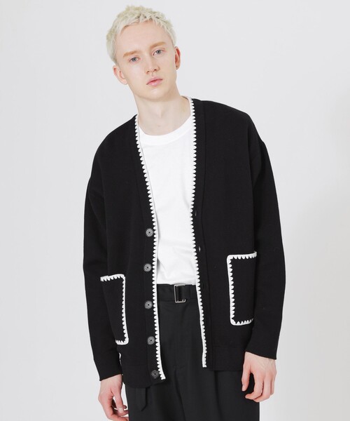 LOVELLESS ブラック カーディガン フリーサイズ LOVELESS カーディガン 「UNISEX」エンブロイラインカーディガン