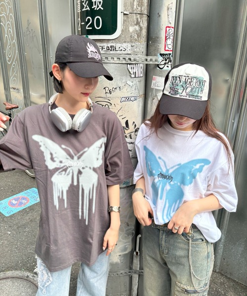 【mahagrid】24SS★ BUTTERFLY GOTH TEE BUTTERFLY GOTH TEE[CHARCOAL] - MAHAGRID