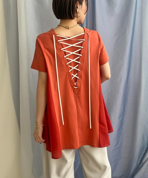 tシャツ バックレースアップフレアトップス レディース