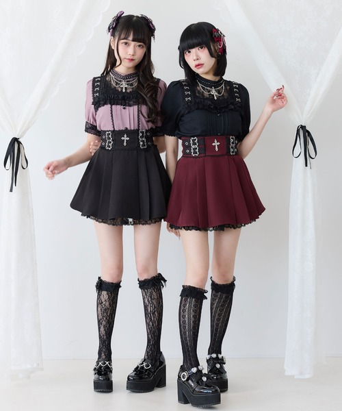 DearMyLove スカート 夏 十字架チャームレースフリルプリーツスカート