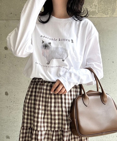 tシャツ ねこリボンプリントロングTシャツ レディース