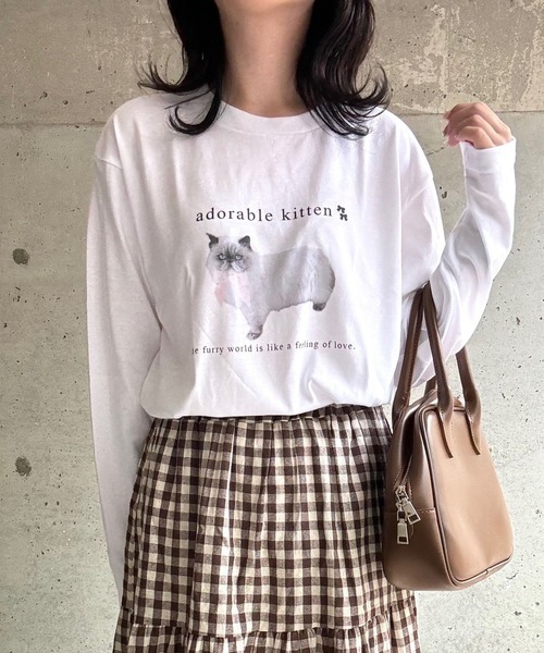 上品なファッション tシャツ ねこリボンプリントロングTシャツ レディース トップス