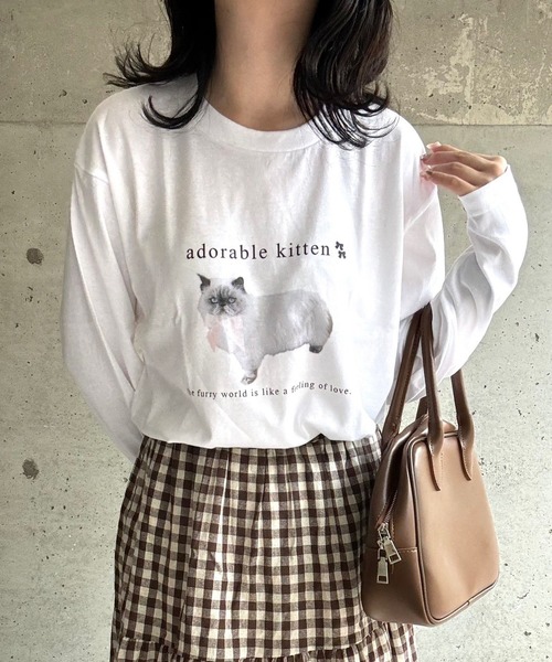 tシャツ ねこリボンプリントロングTシャツ レディース
