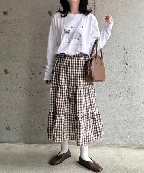 tシャツ ねこリボンプリントロングTシャツ レディース