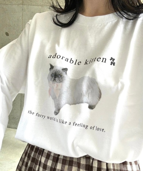 tシャツ リボンプリント ロングスリーブ カットソー レディース tシャツ ねこリボンプリントロングTシャツ レディース