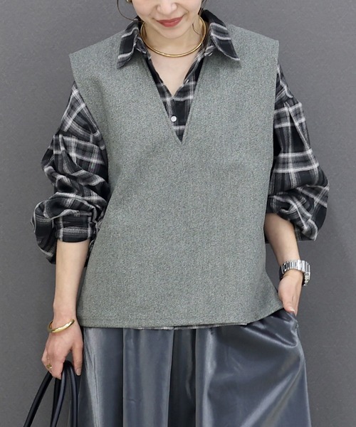 Aletta vita ベスト ジレ フェイクウールVネックベスト レディース