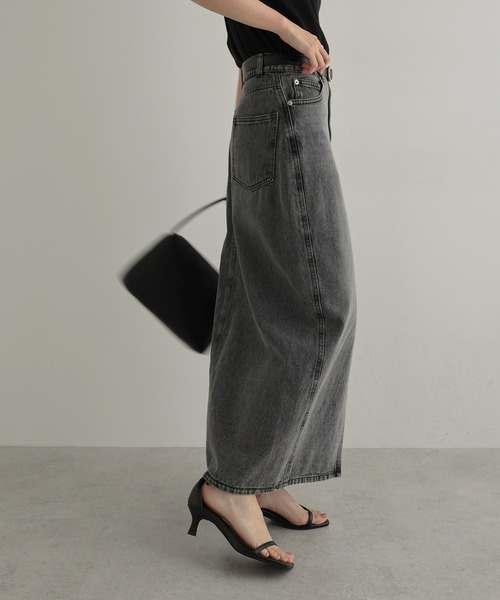 値下げ emmi atelier エミアトリエ フロントスリットデニムスカート AMIE original》フロントスリットデニムスカート / black | AMIE
