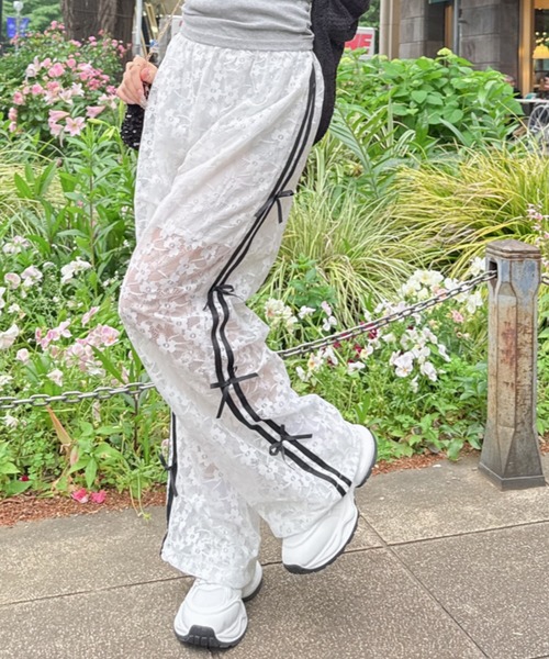 Mejoul パンツ ライン フラワーリボンレースパンツ レディース