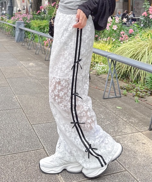 Mejoul パンツ ライン フラワーリボンレースパンツ レディース