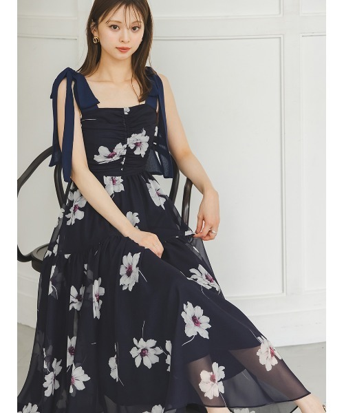 新作　スナイデル　 プリントショルダーリボンワンピース　スナイデル FLOWER COLLECTION】プリントショルダーリボンワンピース(マキシ