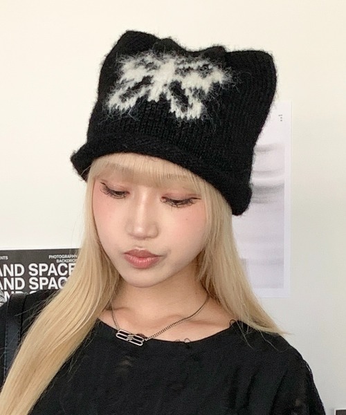 lilful ニット帽 ニットキャップ バタフライモチーフ 猫耳起毛ニット