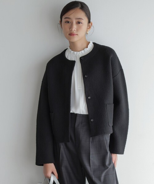 【新品タグ付き】Mystrada★ノーカラーニットジャケット マイストラーダ Mystrada 23AW ツイードニットカーデ ノーカラー