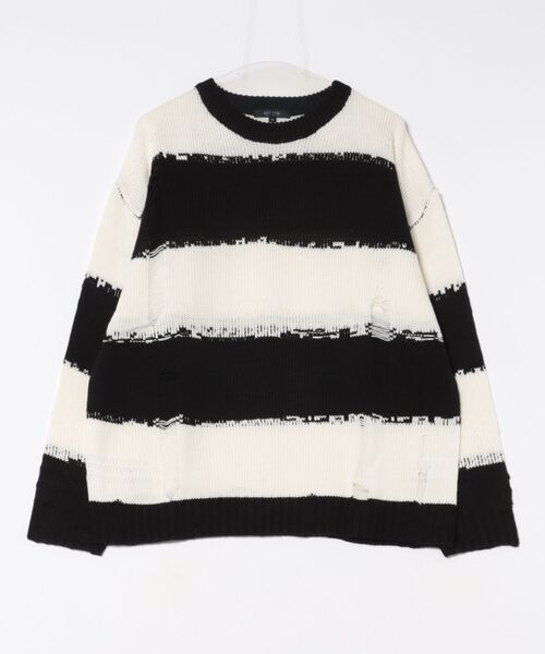 8 セーター ニット ダメージボーダークルーネックニット メンズ