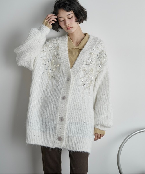 極美品✨カシミア100% 2019AW✨ビジュー パール 長袖ニットカーディガン THE Yon カーディガン ビジューアクセントウールニットカーデ