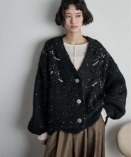 THE Yon カーディガン ビジューアクセントウールニットカーデ