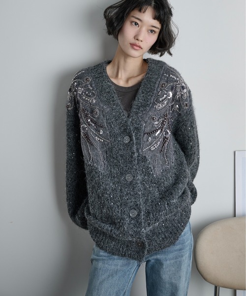 Y's ワイズ 美品 21AW ウール ニットカーディガン グレー2 THE Yon カーディガン ビジューアクセントウールニットカーデ
