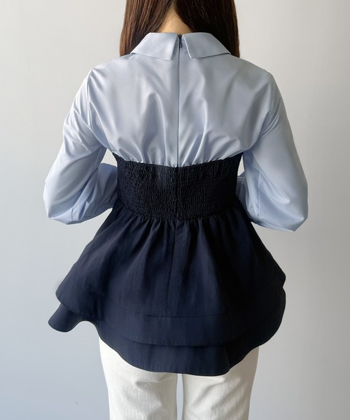 【ブラック】mipiarl  シャツドッキングペプラムビスチェ mipiarl ブラウス シャツ シャツドッキングペプラムビスチェ