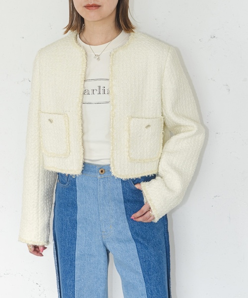 「U by SPICK&SPAN」 ノーカラージャケット FREE ブルー レディース_画像3